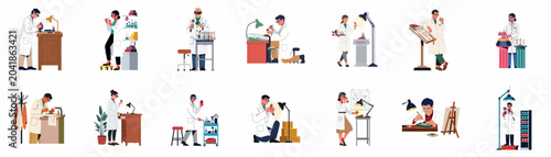 Foto Collection of diverse scientists and laboratory researchers in white coats analyzing and studying virus models in various lab settings using specialized equipment