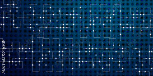 Schilderij op canvas Complex digital geometric grid with interconnected square nodes and white glowing dots on dark blue backdrop