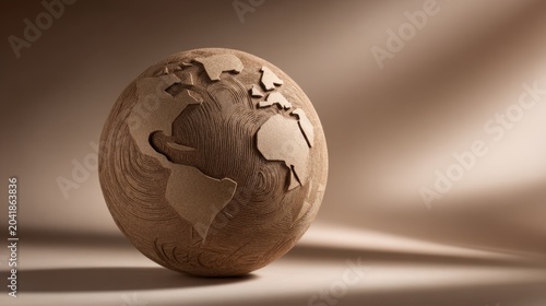 Wooden globe with carved continents showcasing natural textures and light and shadow elements for artistic representation