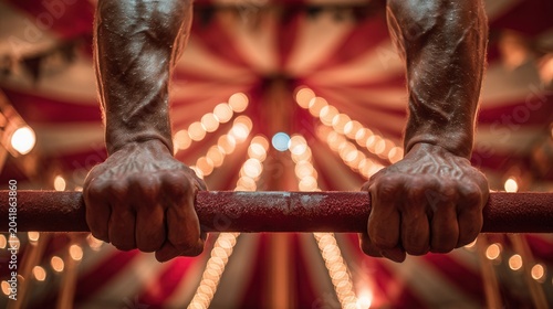a low angle shot showing two muscular hands gripping a horizontal bar, centered against a blurred background of a red and white striped circus tent with numerous golden bokeh lights