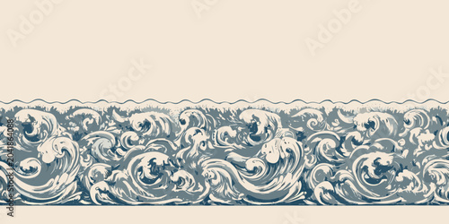 ocean waves illustration in retro vintage style nautical blue white background pattern