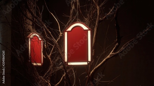 two red shield shaped objects with glowing white outlines are suspended against a dark, textured background. the shields are prominently displayed, with one in the foreground on the right 