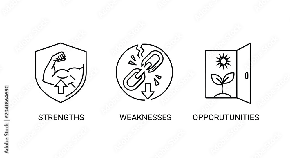 Fototapeta premium strengths weaknesses opportunities icons line art black