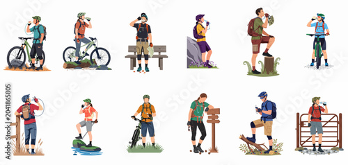 Konstfotografi Collection of various outdoor enthusiasts hiking and mountain biking while staying hydrated with water bottles and hydration systems