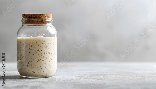 Active sourdough starter fermenting in glass jar with cork lid