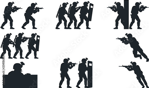 Schilderij op canvas Tactical Military Team Silhouette Collection with Armed Soldiers Shield Operatio