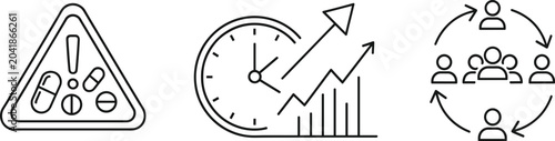 Outline icons set with warning triangle and pills, clock with growth chart and arrow, and people workflow cycle shown in clean black and white vector style