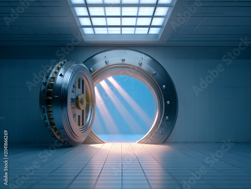 Open Bank Vault Door With Light Rays and High Security Gateway