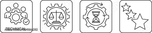 Outline icons set with technical team and gear approval, balance scale symbol, hourglass process cycle, and rating stars in clean black and white vector style