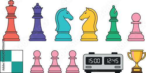 Foto Colorful Chess Piece Illustration Set with King, Queen, Knight, Bishop, Pawn, Tr