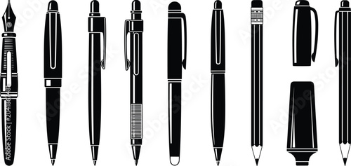 Photos Pen and Pencil Silhouette Vector Set Featuring Fountain Pen, Ballpoint, Mechanic
