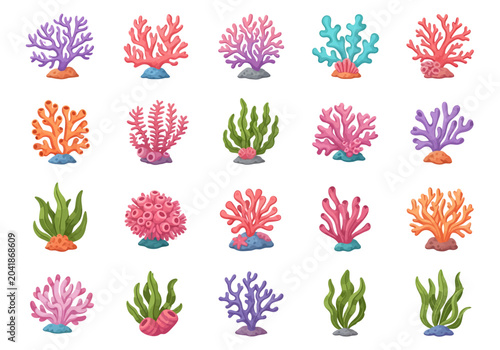Colorful coral reef illustrations featuring a variety of coral and seaweed, ideal for marine life and underwater themes.