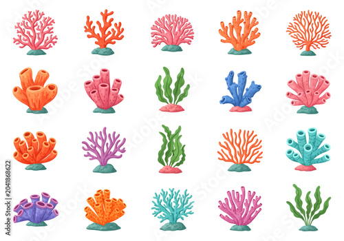 Colorful coral reef illustrations featuring diverse coral types, perfect for marine life projects and ocean-themed designs.