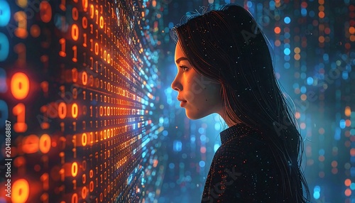 Focused Young Woman Viewing Glowing Binary Code Wall in Futuristic Digital Environment