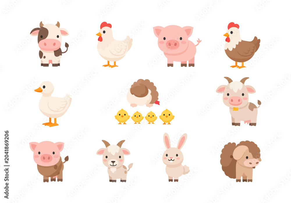 Fototapeta premium Cute cartoon farm animals including cow, chicken, pig, duck, and goat. Perfect for educational materials and children's illustrations.