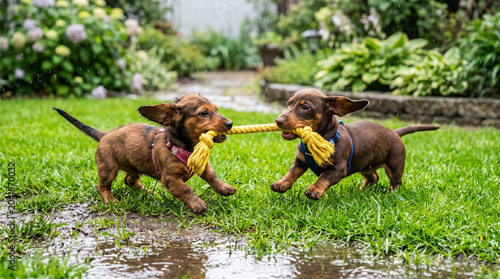 Two puppies playing tug of war with rope toy on green grass, playful dog energy, adorable puppy moment, canine play behavior, pet fun concept