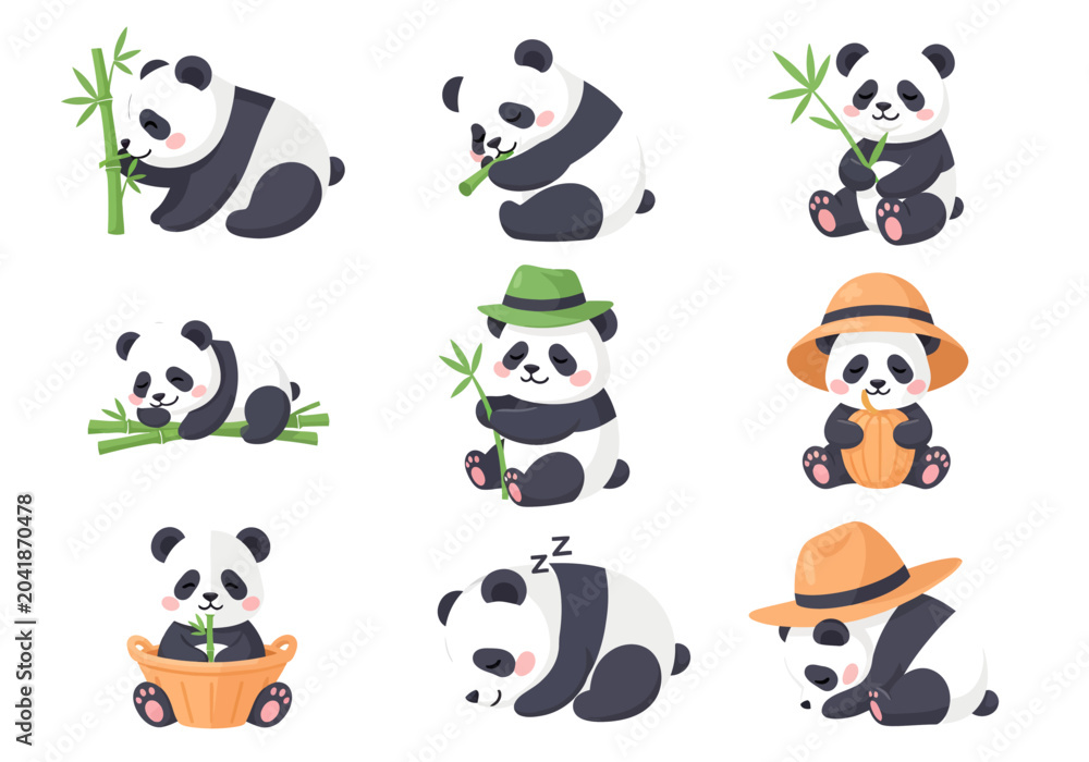 Naklejka premium Cute cartoon pandas in various poses with bamboo, perfect for children's media and fun illustrations.