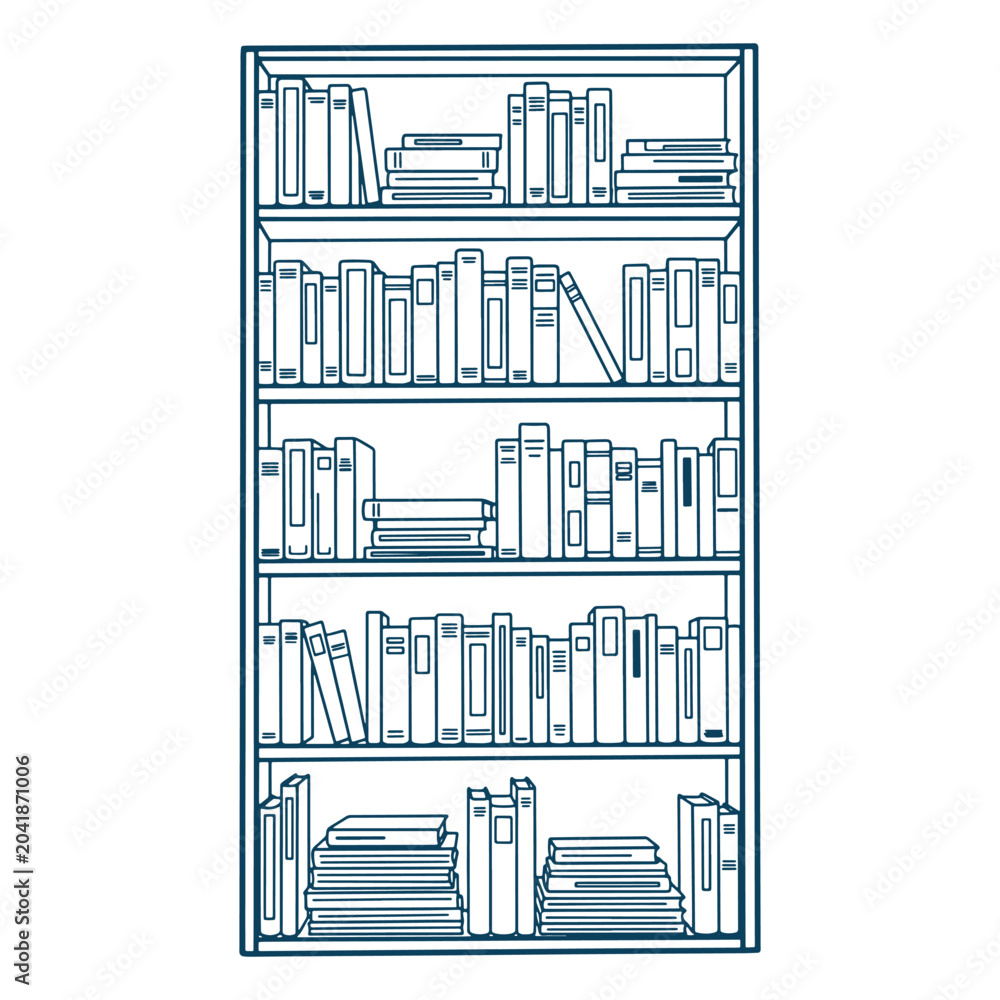 Obraz premium Bookshelf with Books Line Art Vector Illustration Library Furniture Design