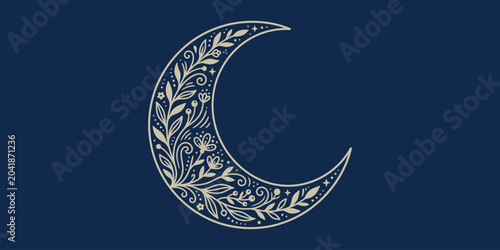 Tableau sur toile Decorative floral crescent moon with botanical vines and stars on a dark navy bl