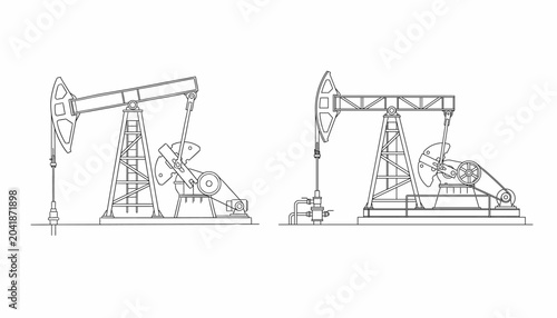 Photos Oil Pumpjack Vector Set Outline Illustrations of Petroleum Extraction Machines