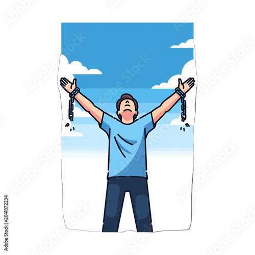Tableau sur toile A man celebrates his newfound freedom by breaking heavy metal chains