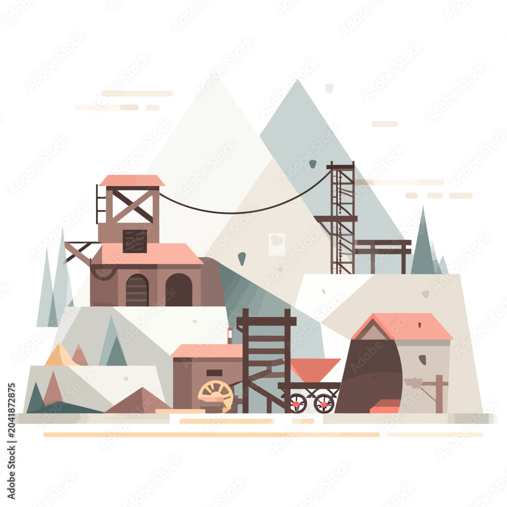 Fototapeta premium Underground mining scene icon. Layered excavation environment with tunnels, platforms, vehicles, structures, machinery, mountainous terrain, resource extraction operations below surface.