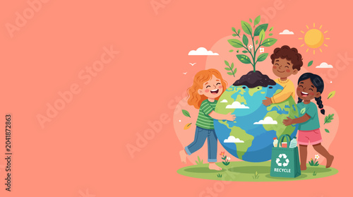 Children from diverse backgrounds caring for the planet together.