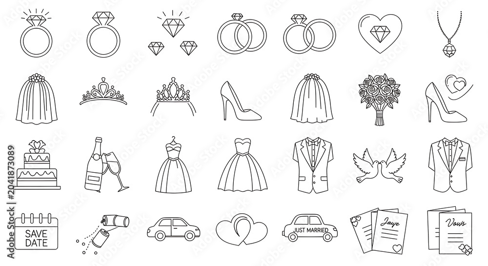 Obraz premium Wedding-themed for planning symbols and motifs isolated on a transparent background, wedding engagement symbols