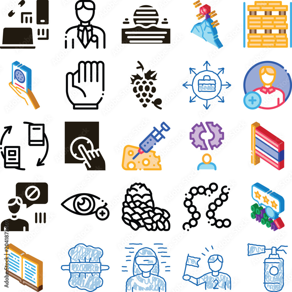 Fototapeta premium Isometric and doodle icon set illustrating business, communication, medical, agriculture and digital conceptsvector pictograms for web, app, uiux, finance, data, healthcare and innovation