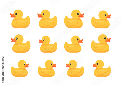 Cute yellow rubber ducks in playful arrangement for children's designs and playful themes.