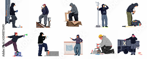 Foto Collection of flat vector illustrations featuring graffiti artists, vandals, and lookouts in hoodies performing various urban and clandestine activities against a white background