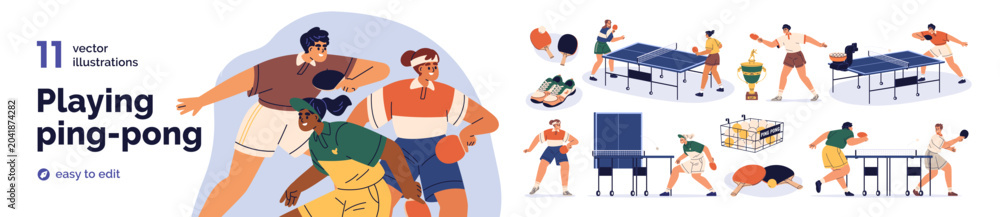 Naklejka premium Playing ping-pong set. Table tennis, indoor sport game. Pingpong players, male and female athletes training. Match with rackets and balls. Flat vector illustration isolated on white background