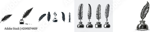 A minimalist sketch of a feather quill pen with an inkwell and spilled ink droplets on a stark white background, rendered in high-contrast vector art