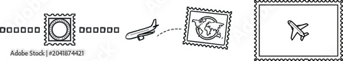 A seamless black line art passport stamp border trim with crisp white background, featuring a circular center and sharp detailed contours, ideal for clean vector tracing in global travel designs