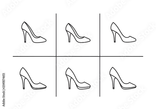 High heel shoe icons set in grid layout with various side views for fashion and design projects