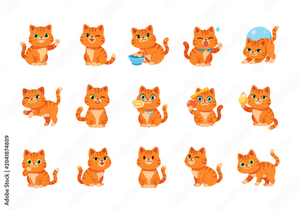 Obraz premium Playful and cute orange cats in various poses and expressions, perfect for pet-related designs and illustrations.