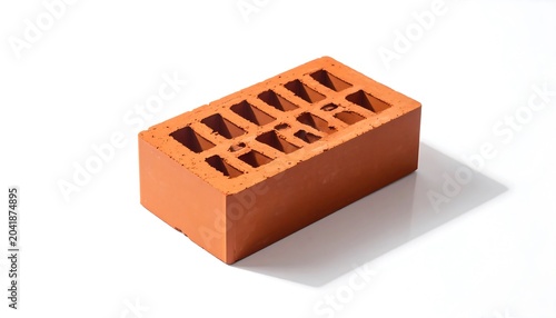 Single Orange Hollow Clay Brick Resting on White Background