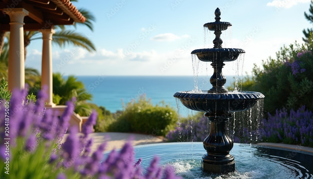 Naklejka premium Ornate tiered water fountain in manicured garden setting with ocean backdrop. Purple flowers bloom near water feature and palm trees frame luxurious villa.