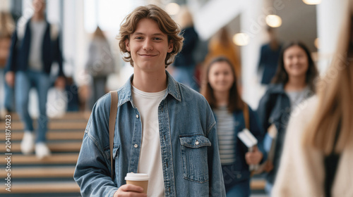 Smiling young man holding coffee faces a woman in a busy campus atrium with students behind him.