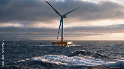 Offshore wind turbine stands amid rough ocean waves under dramatic cloudy sky, generating renewable energy at sea.