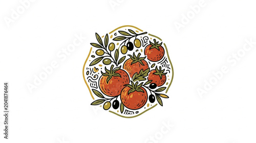 Quadro su tela Fresh Ripe Tomatoes and Olives Illustration.