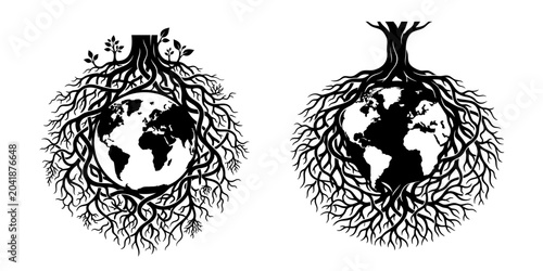 Bild auf Leinwand Earth Globe Tree Roots Environmental Conservation Vector Illustration