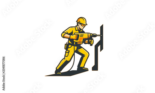 Construction worker using hammer drill mascot illustration