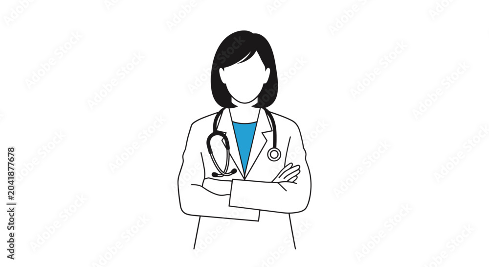 Fototapeta premium Minimalist line art illustration of a female doctor standing confidently with her arms crossed and wearing a stethoscope.