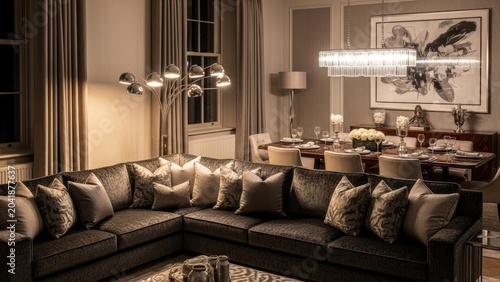Moody dark living room with warm ambient lighting.
