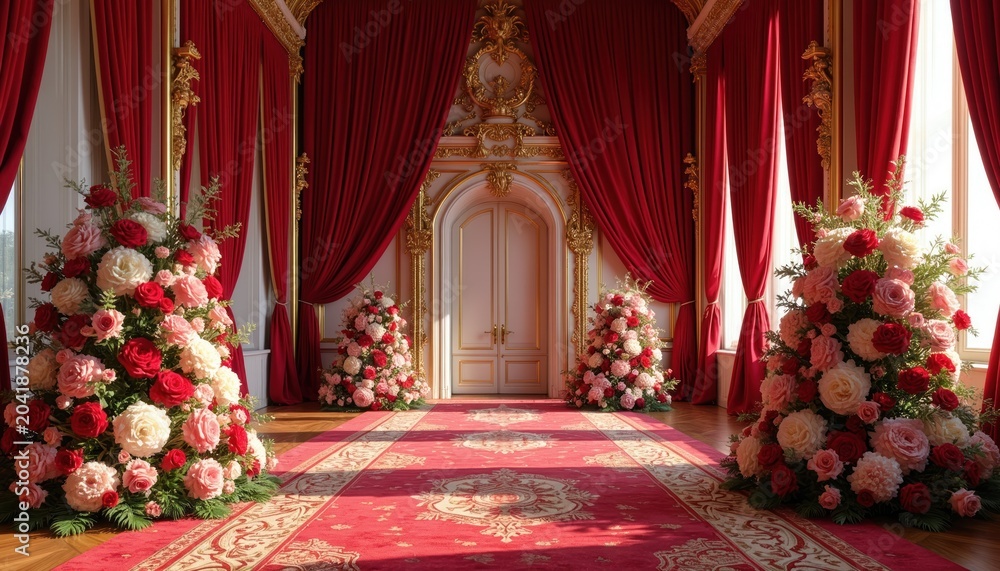 Fototapeta premium Elegant hall with large floral arrangements. Red curtains frame golden doors and windows. Rich roses create opulent decor on plush carpet. Event venue interior.