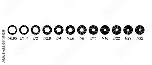 Photography Camera Aperture Icons Set with F-Stop Scale f/0.95 to f/32
