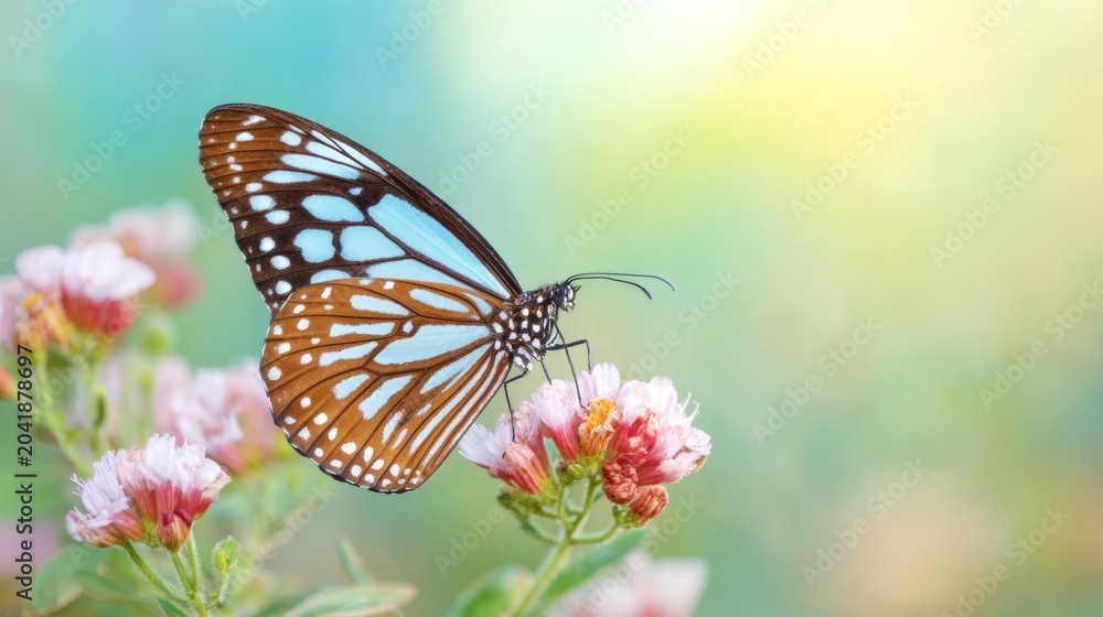 Obraz premium Butterfly with intricate blue and brown wings resting on a tiny pink blossom, creating a serene and dreamy nature scene