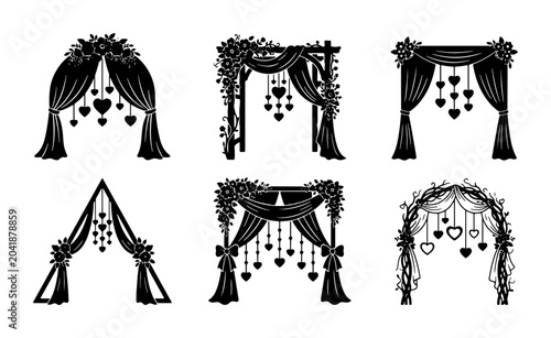 Bild auf Leinwand Collection of decorative wedding arches with flowers and hanging hearts, black s