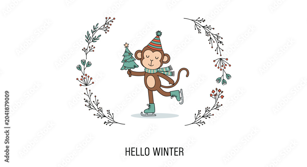 Fototapeta premium Cute cartoon monkey wearing a winter hat and scarf while ice skating and holding a small decorated Christmas tree.